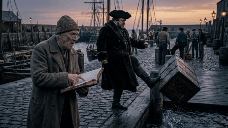 The Governor’s Ledger Revealed a Name Erased for Twenty Years, But When the Old Harbor Clerk Tried to Speak the Truth, the Wealthy Merchant Kicked the Chest Into the Sea, Praying the Saltwater Would Silence the Only Witness to His Stolen Fortune.